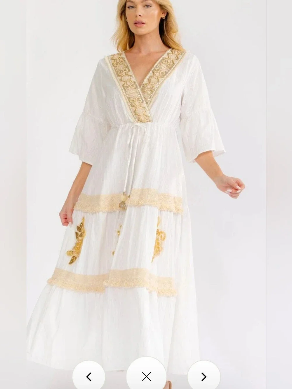 Boho Embroidered V-Neck Maxi Dress - Ivory with Gold Accents